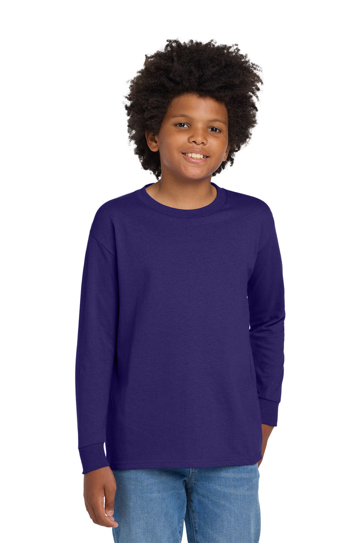Purple Gildan Youth Heavy Cotton 100% Cotton Long Sleeve T-Shirt. 5400B
