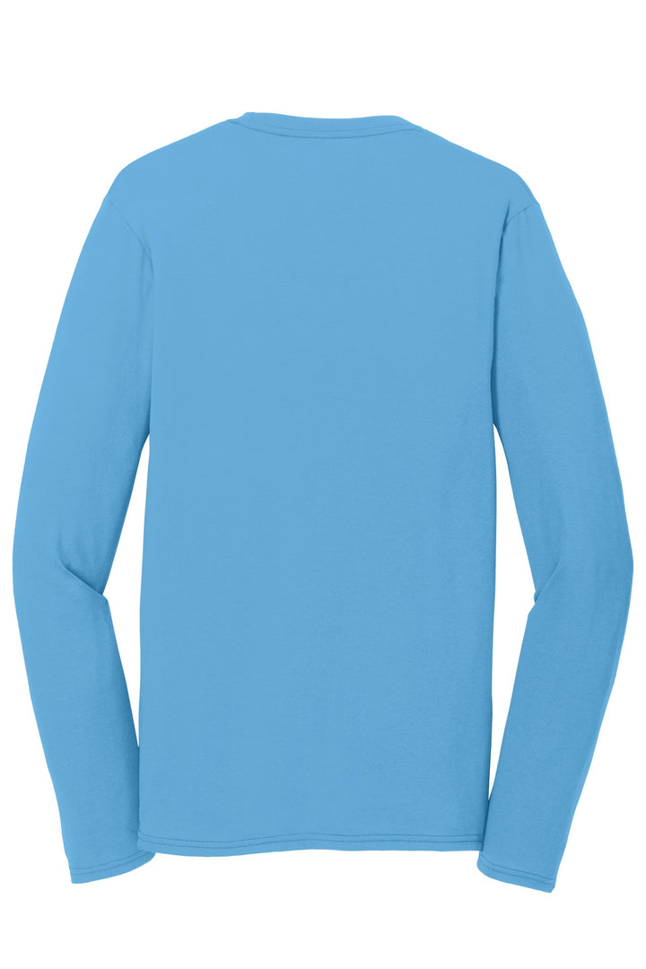 Rear View of Aquatic Blue Port & Company Long Sleeve Performance Blend Tee. PC381LS