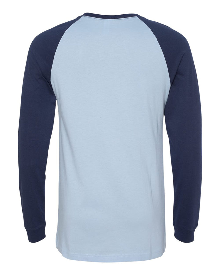 Rear View of Baby Blue/ Navy Long Sleeve Jersey Baseball Tee - 3000