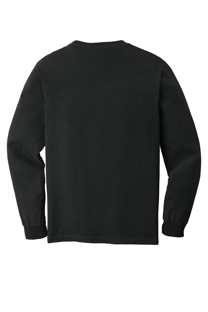 Rear View of Black COMFORT COLORS Heavyweight Ring Spun Long Sleeve Pocket Tee. 4410