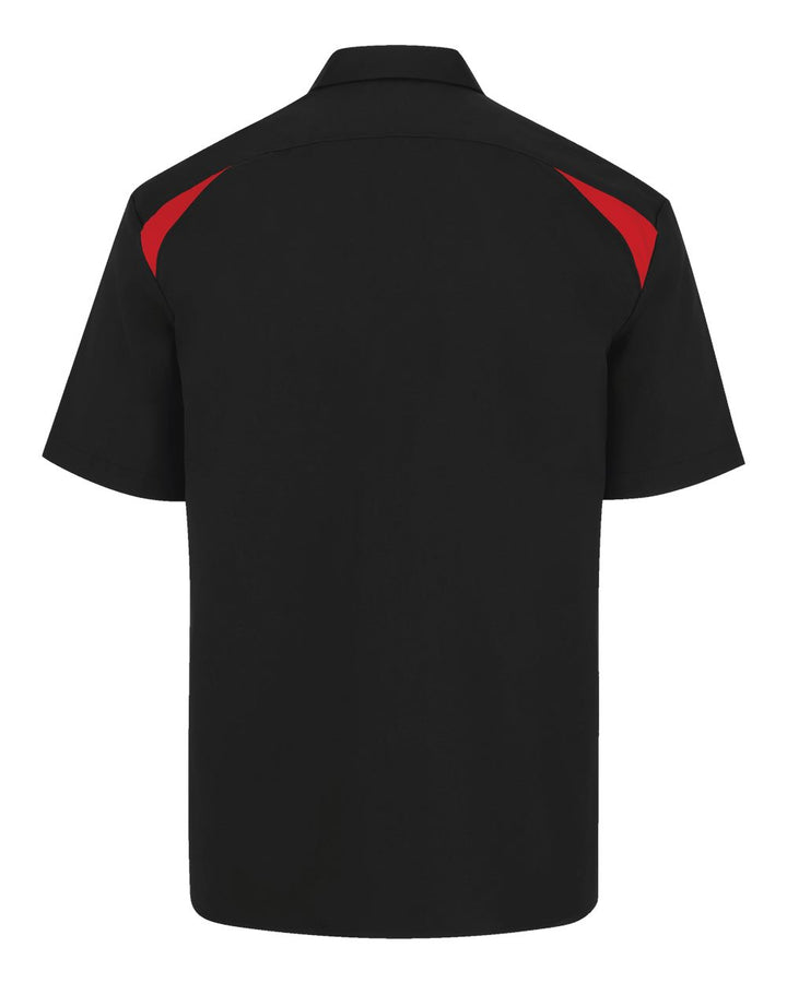 Rear View of Black/ English Red Men's Short Sleeve Performance Team Shirt - 0005