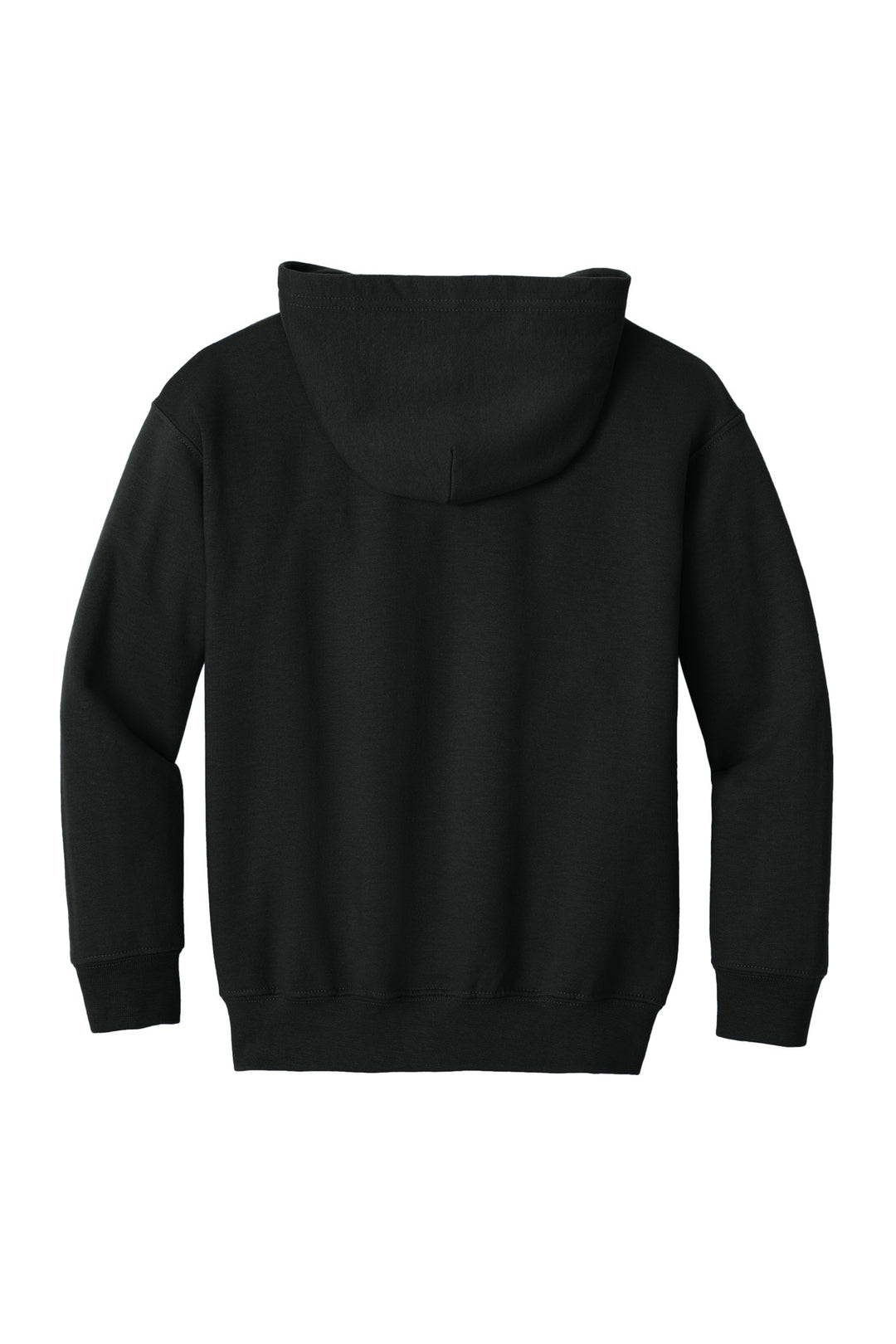 Rear View of Black Gildan Youth Heavy Blend Full-Zip Hooded Sweatshirt. 18600B