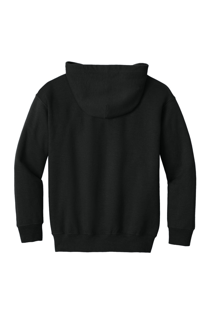 Rear View of Black Gildan Youth Heavy Blend Full-Zip Hooded Sweatshirt. 18600B