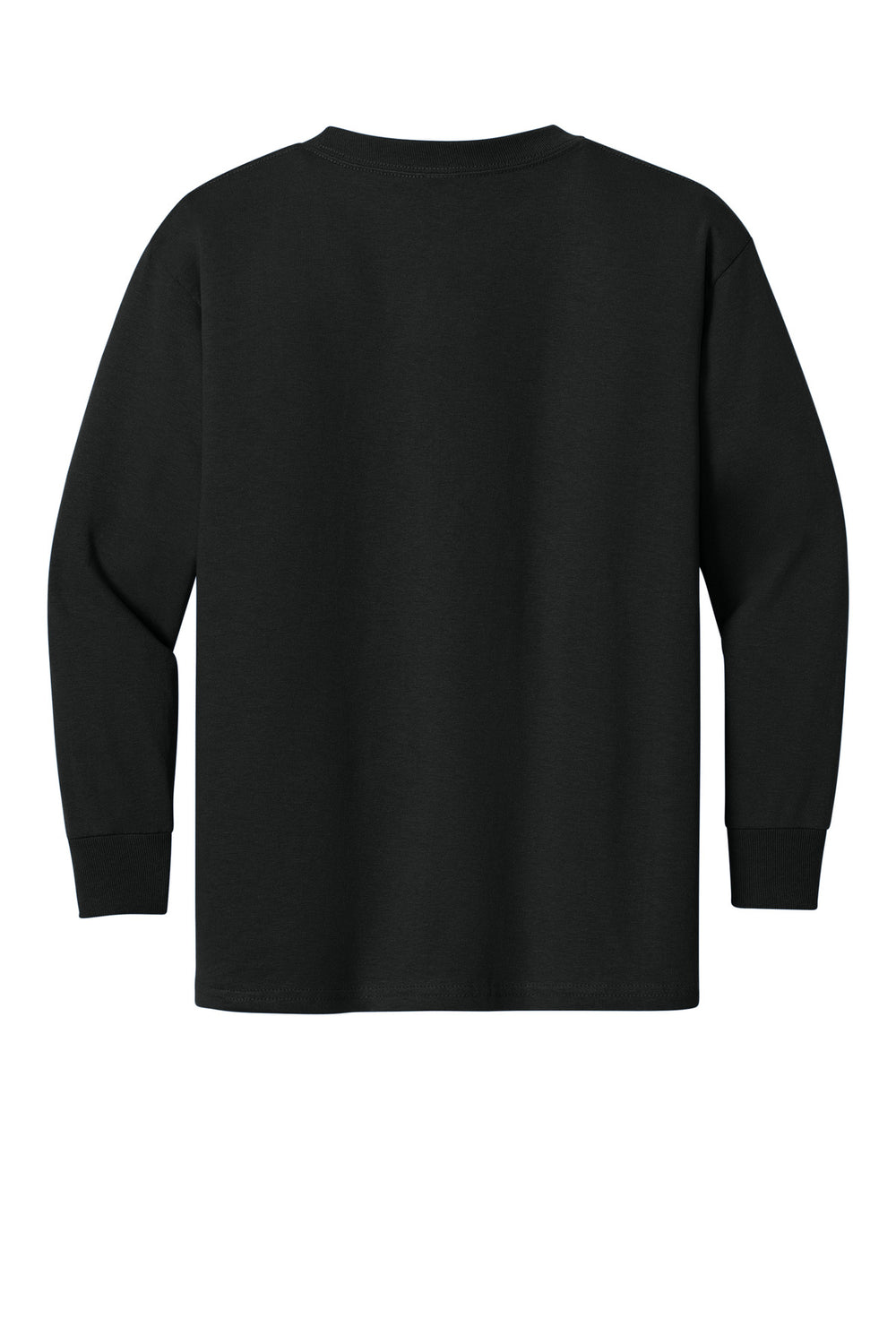 Rear View of Black Gildan Youth Heavy Cotton 100% Cotton Long Sleeve T-Shirt. 5400B