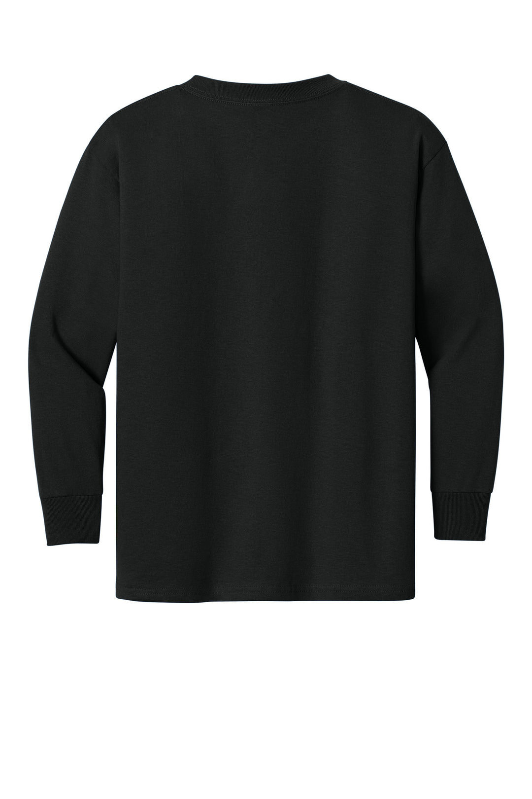 Rear View of Black Gildan Youth Heavy Cotton 100% Cotton Long Sleeve T-Shirt. 5400B