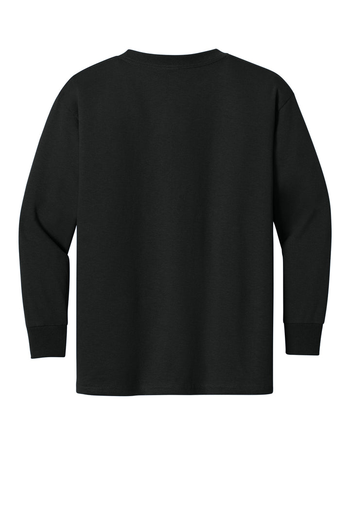 Rear View of Black Gildan Youth Heavy Cotton 100% Cotton Long Sleeve T-Shirt. 5400B