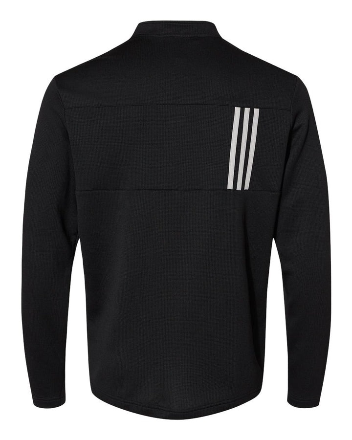 Rear View of Black/ Grey Two 3-Stripes Double Knit Quarter-Zip Pullover - A482