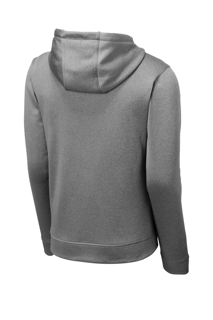 Rear View of Black Hthr Sport-Tek PosiCharge Sport-Wick Heather Fleece Hooded Pullover. ST264