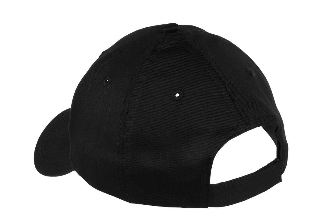 Rear View of Black Port & Company Youth Six-Panel Twill Cap. YCP80
