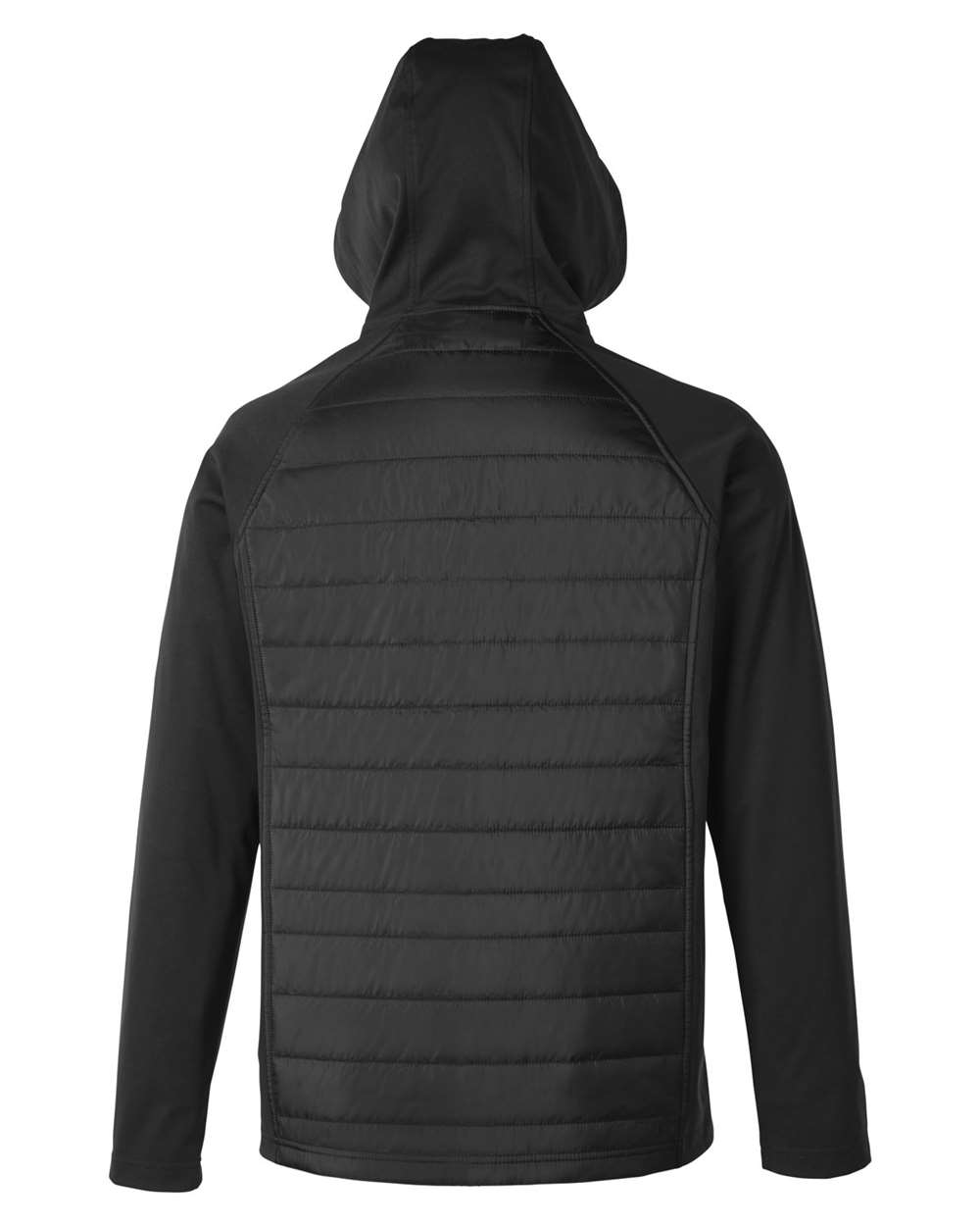 Rear View of Black Unisex Techno Lite Hybrid Hooded Jacket - CE808