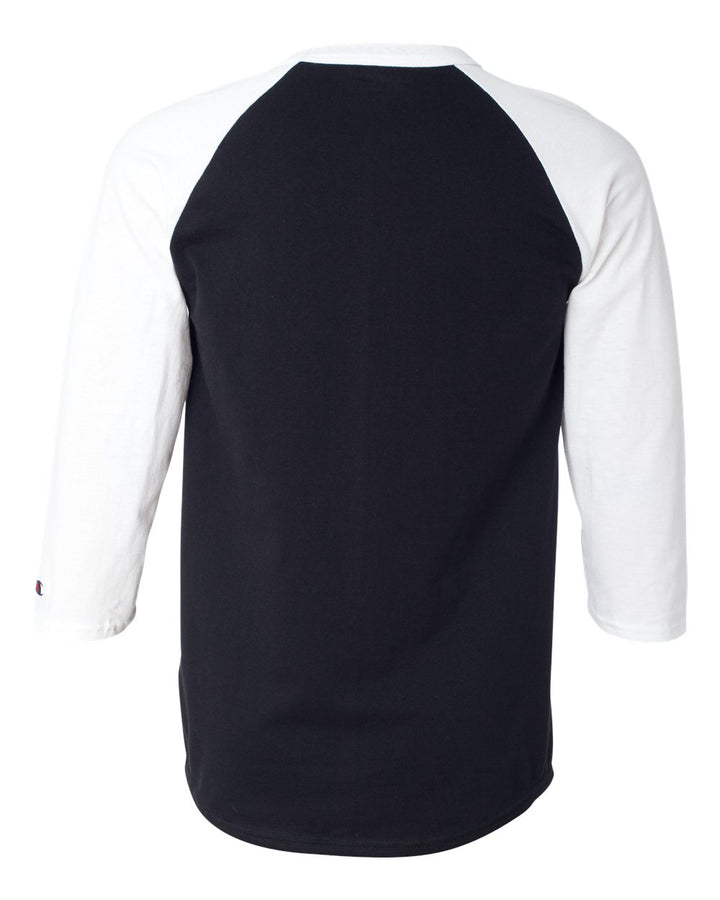 Rear View of Black/ White Raglan Sleeve Baseball T-Shirt - T137
