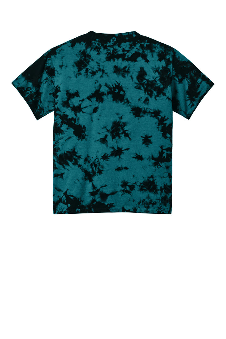 Rear View of Black/Teal Port & Company Youth Crystal Tie-Dye Tee PC145Y