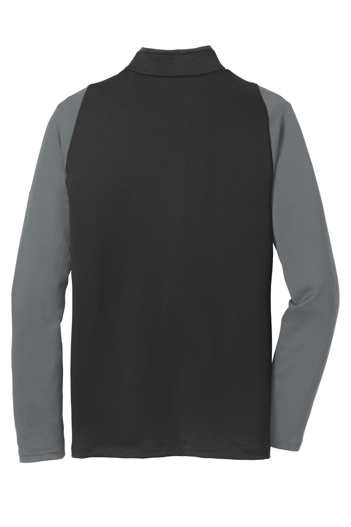 Rear View of Blk/DkGy/GymRd Nike Dri-FIT Stretch 1/2-Zip Cover-Up. 779795