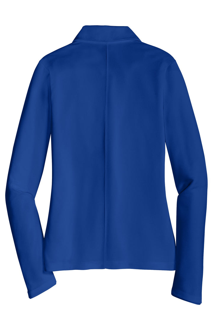 Rear View of Blue Sapphire Nike Women's Long Sleeve Dri-FIT Stretch Tech Polo. 545322