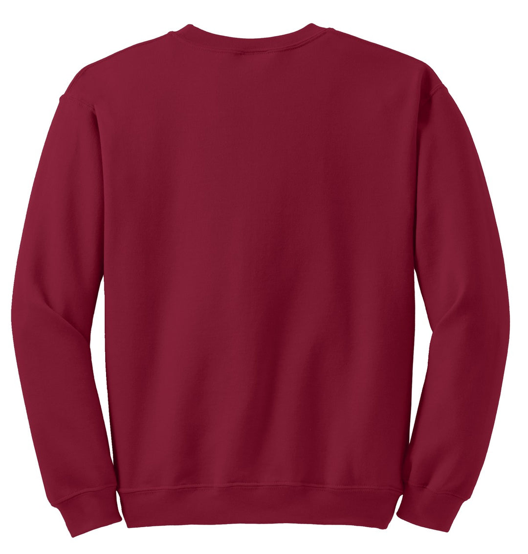 Rear View of Cardinal Red Gildan Heavy Blend Crewneck Sweatshirt. 18000