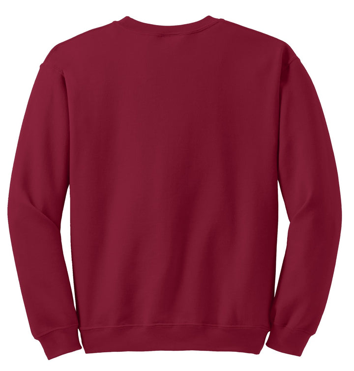 Rear View of Cardinal Red Gildan Heavy Blend Crewneck Sweatshirt. 18000