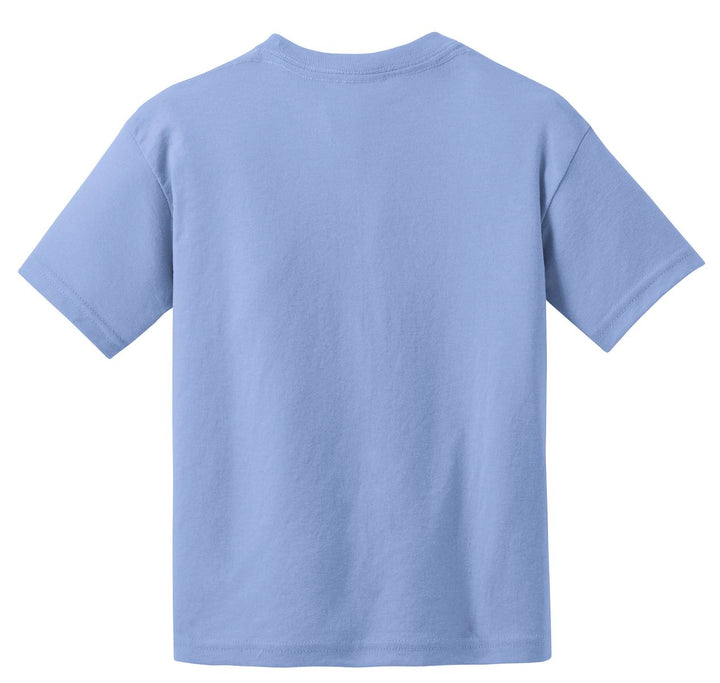 Rear View of Carolina Blue Gildan Youth DryBlend 50 Cotton/50 Poly T-Shirt. 8000B