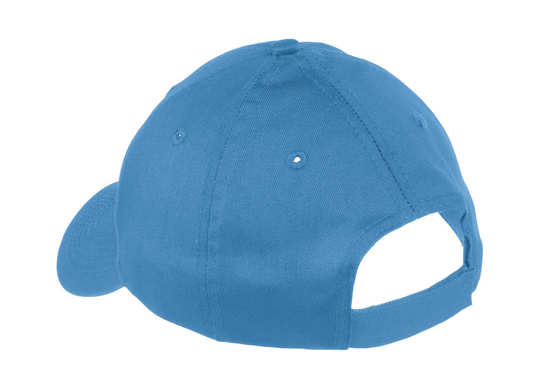 Rear View of Carolina Blue Port & Company Youth Six-Panel Twill Cap. YCP80