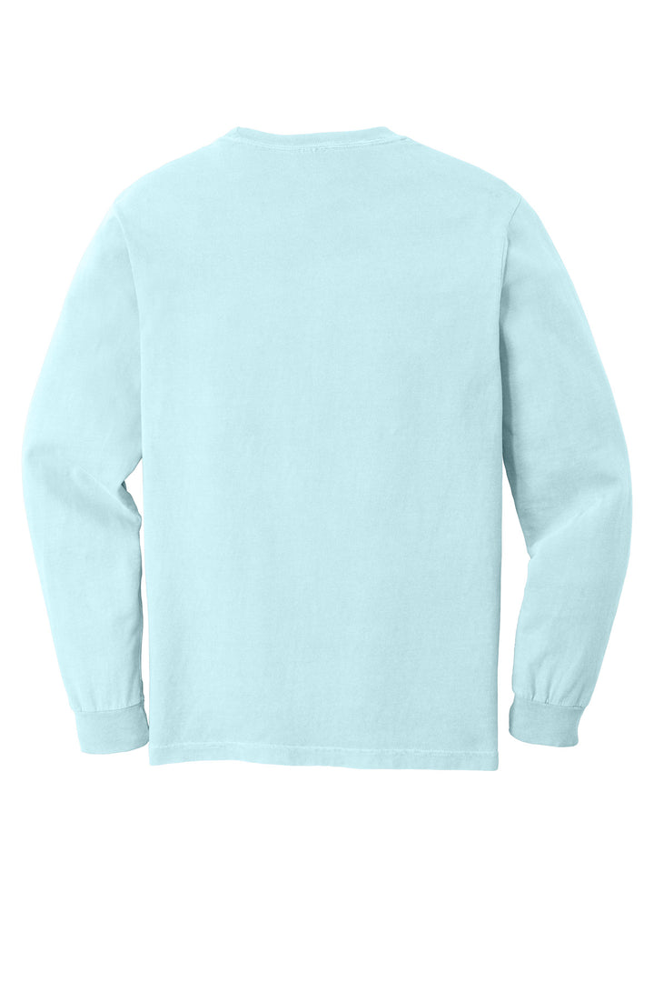 Rear View of Chambray COMFORT COLORS Heavyweight Ring Spun Long Sleeve Pocket Tee. 4410