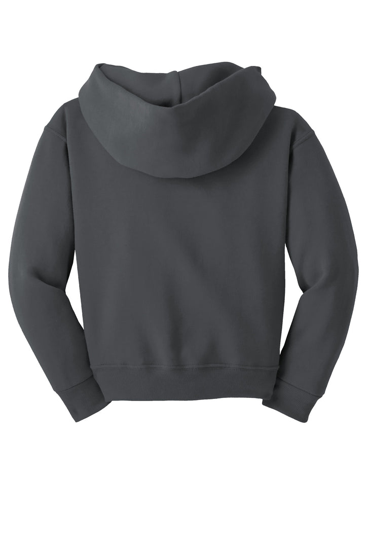 Rear View of Charcoal Grey Jerzees - Youth NuBlend Pullover Hooded Sweatshirt. 996Y