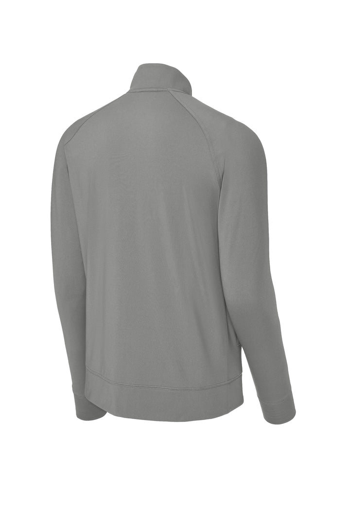 Rear View of CharGrey Sport-Tek Sport-Wick Stretch Full-Zip Cadet Jacket ST857