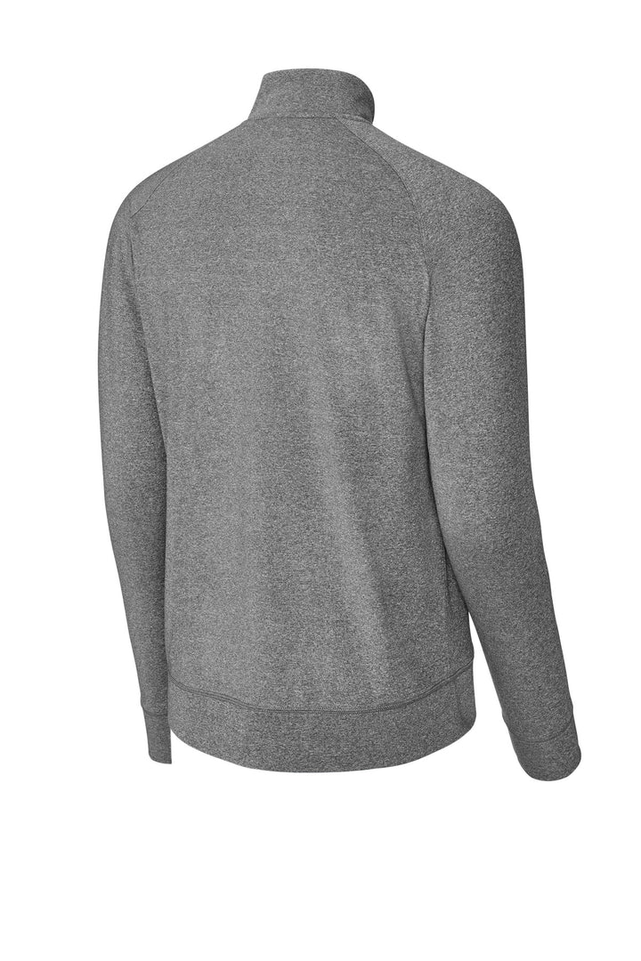 Rear View of CharGreyHt Sport-Tek Sport-Wick Stretch Full-Zip Cadet Jacket ST857