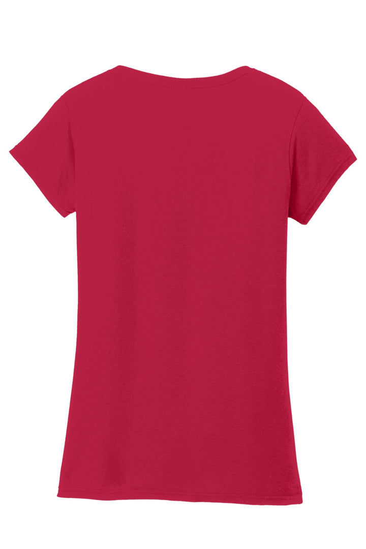 Rear View of Cherry Red Gildan Softstyle Women's Fit V-Neck T-Shirt. 64V00L