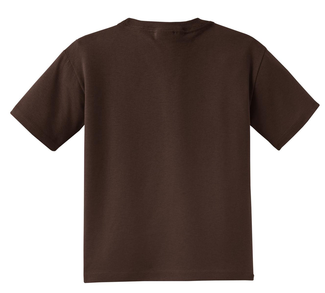 Rear View of Chocolate Jerzees - Youth Dri-Power 50/50 Cotton/Poly T-Shirt. 29B