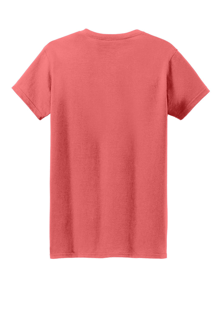 Rear View of Coral Silk Gildan Women's Heavy Cotton 100% Cotton T-Shirt. 5000L