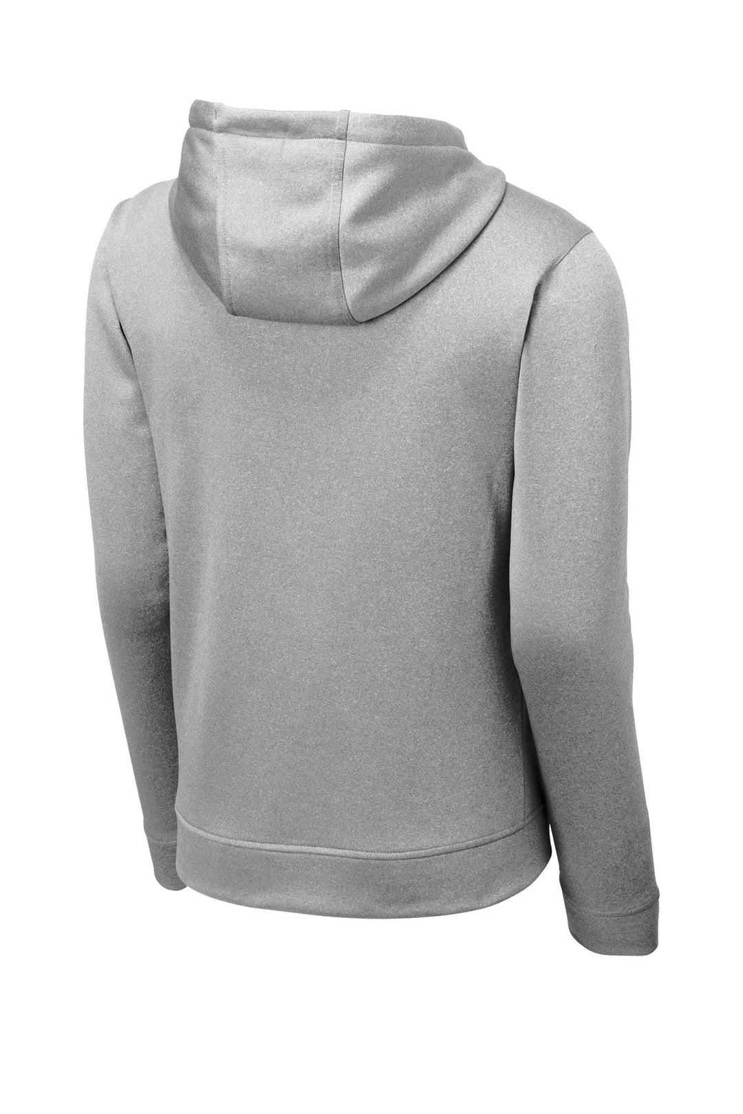 Rear View of Dark Silver He Sport-Tek PosiCharge Sport-Wick Heather Fleece Hooded Pullover. ST264