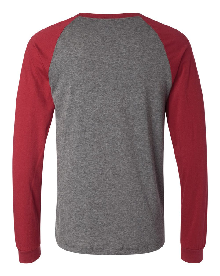 Rear View of Deep Heather/ Cardinal Long Sleeve Jersey Baseball Tee - 3000
