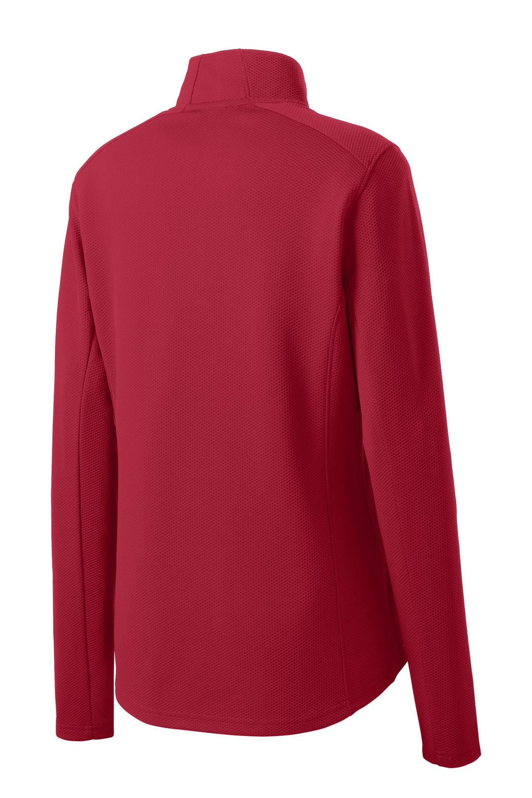 Rear View of Deep Red Sport-Tek Women's Sport-Wick Textured 1/4-Zip Pullover. LST860