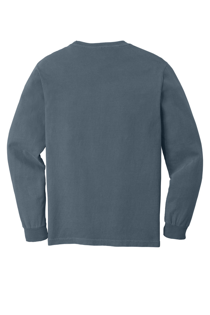Rear View of Denim COMFORT COLORS Heavyweight Ring Spun Long Sleeve Pocket Tee. 4410
