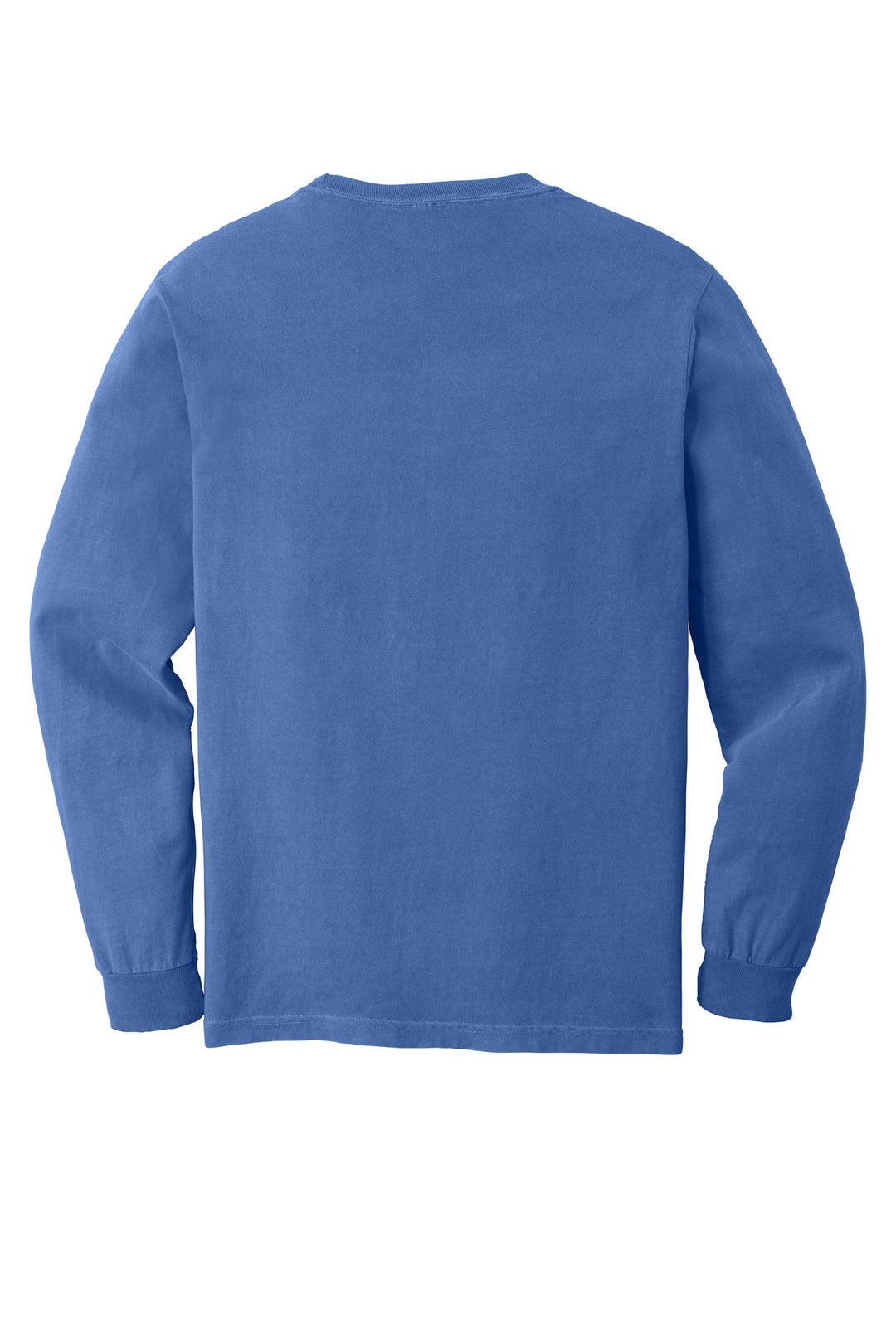 Rear View of Flo Blue COMFORT COLORS Heavyweight Ring Spun Long Sleeve Pocket Tee. 4410
