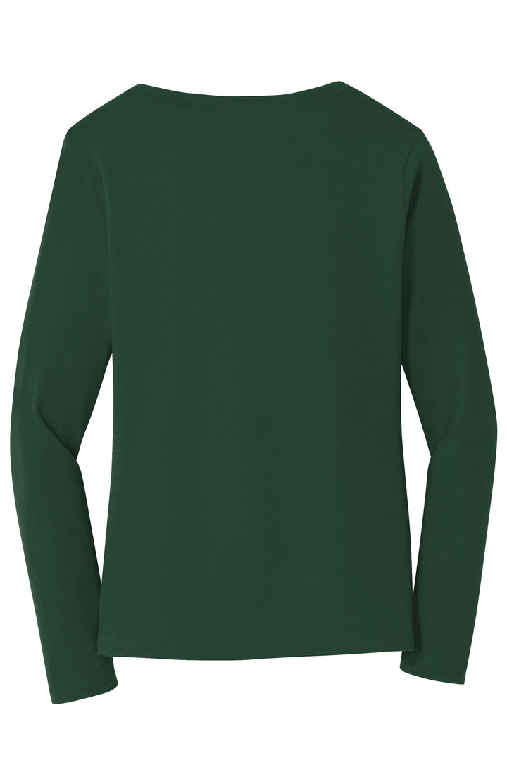 Rear View of Forest Green Port & Company Women's Long Sleeve Fan Favorite V-Neck Tee. LPC450VLS