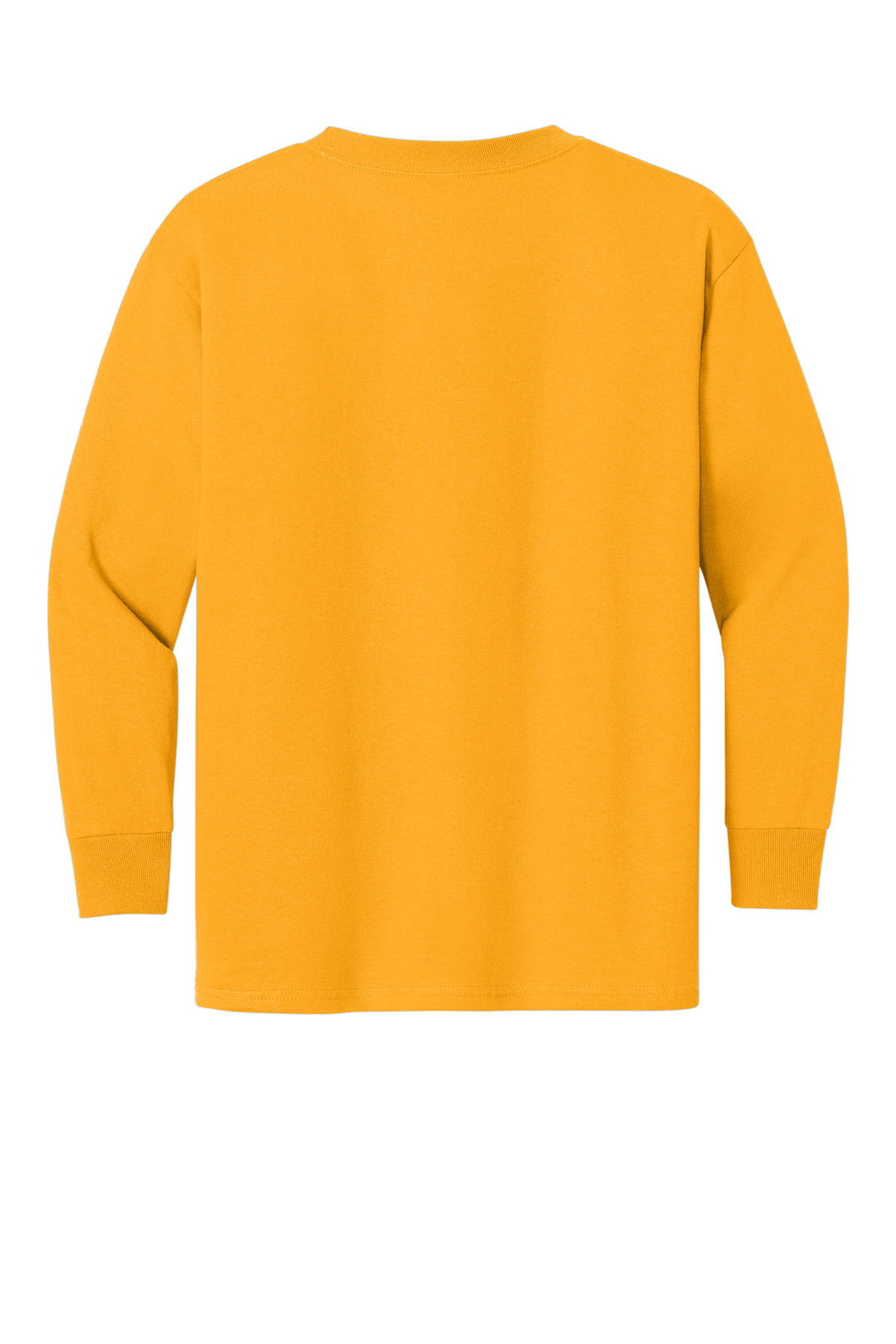 Rear View of Gold Gildan Youth Heavy Cotton 100% Cotton Long Sleeve T-Shirt. 5400B