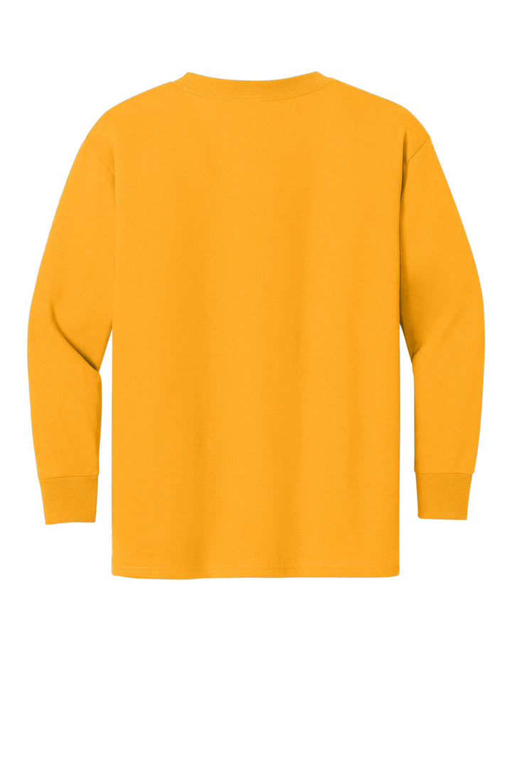 Rear View of Gold Gildan Youth Heavy Cotton 100% Cotton Long Sleeve T-Shirt. 5400B