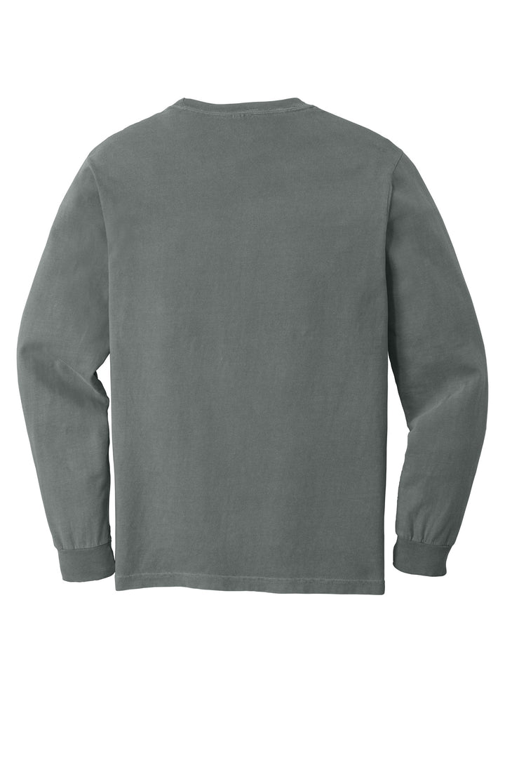 Rear View of Grey COMFORT COLORS Heavyweight Ring Spun Long Sleeve Pocket Tee. 4410