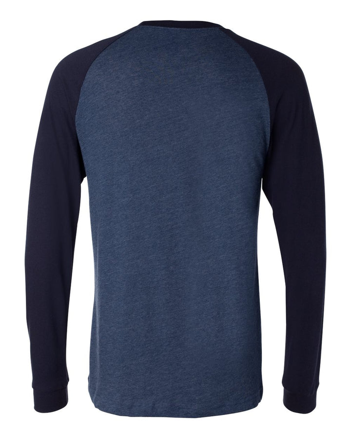 Rear View of Heather Navy/ Midnight Long Sleeve Jersey Baseball Tee - 3000