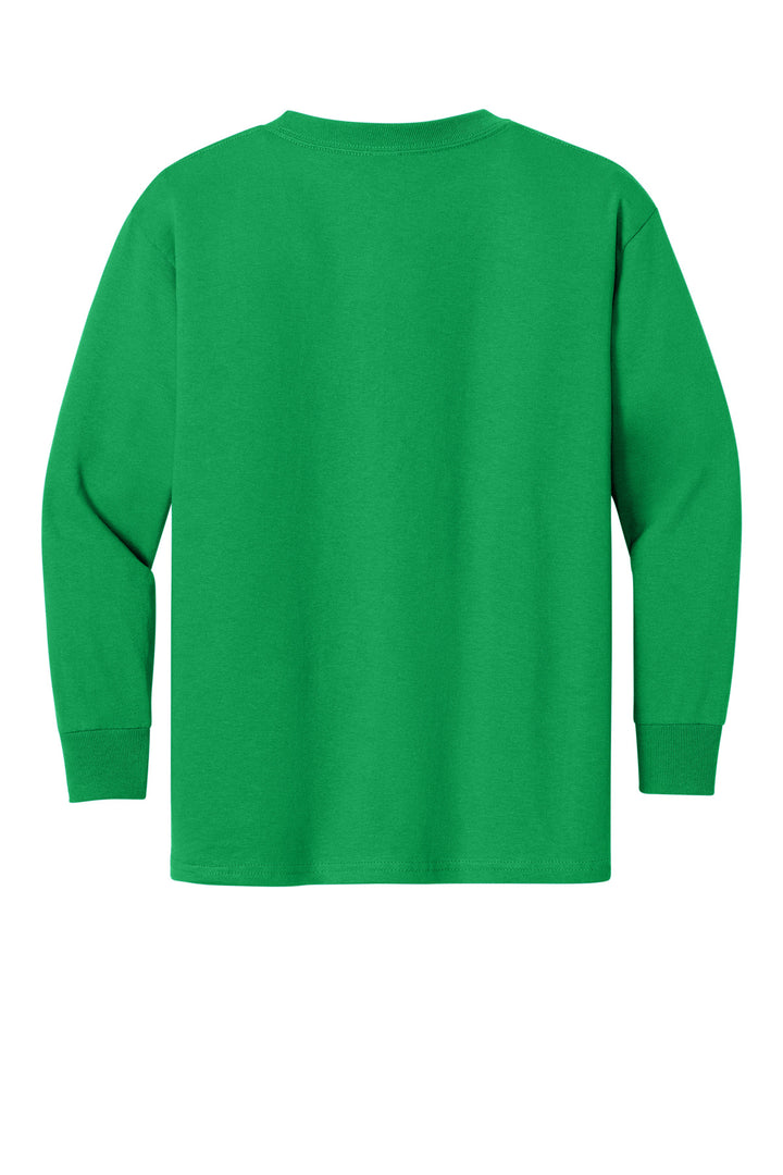 Rear View of IrishGreen Gildan Youth Heavy Cotton 100% Cotton Long Sleeve T-Shirt. 5400B