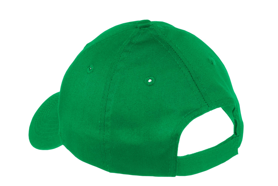 Rear View of Kelly Green Port & Company Youth Six-Panel Twill Cap. YCP80