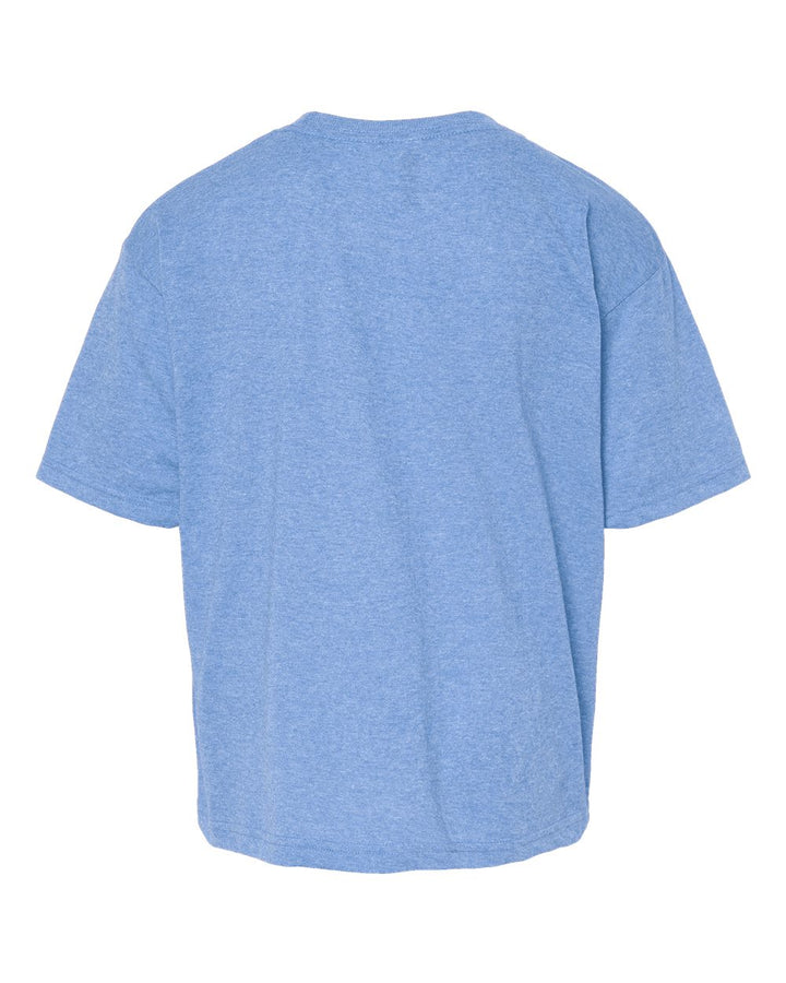 Rear View of Light Blue Heather Youth Gold Soft Touch T-Shirt - 4850