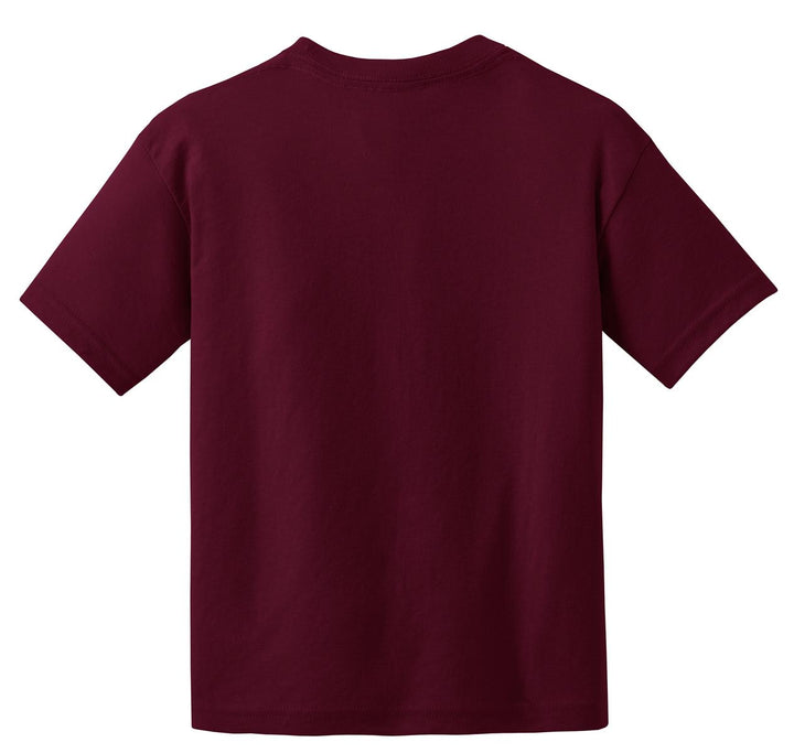 Rear View of Maroon Gildan Youth DryBlend 50 Cotton/50 Poly T-Shirt. 8000B