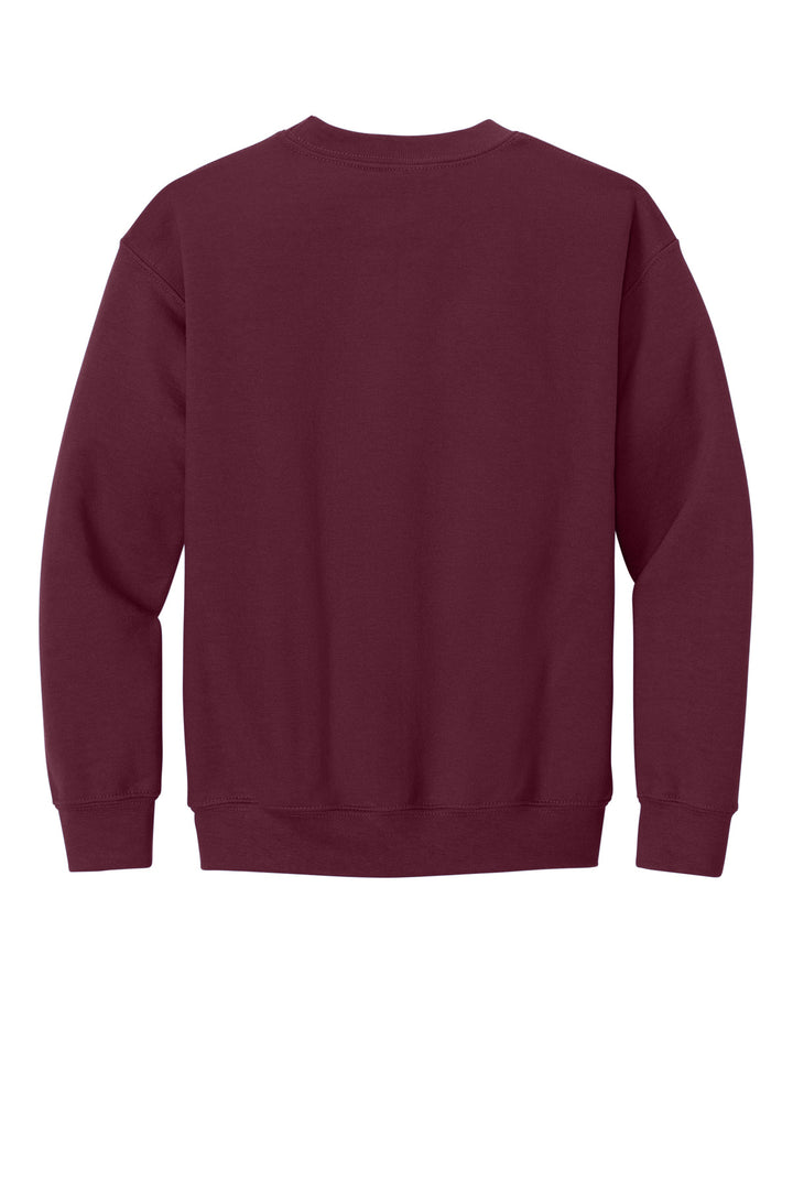 Rear View of Maroon Gildan Youth Heavy Blend Crewneck Sweatshirt. 18000B