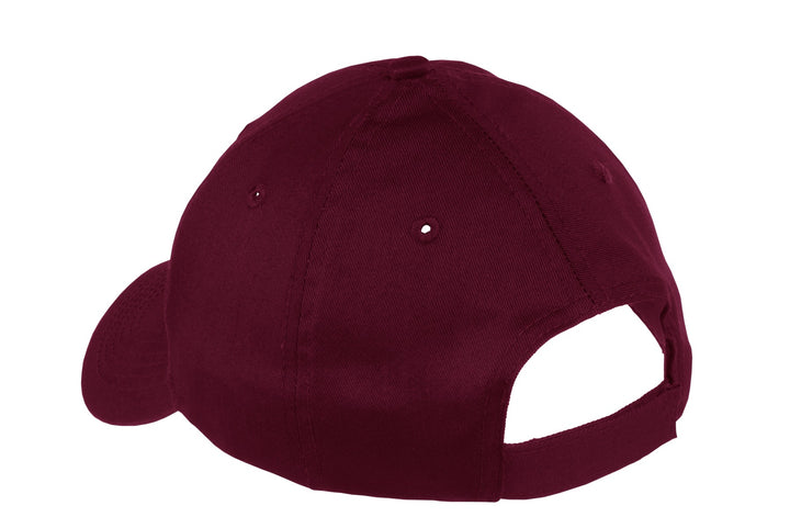 Rear View of Maroon Port & Company Youth Six-Panel Twill Cap. YCP80