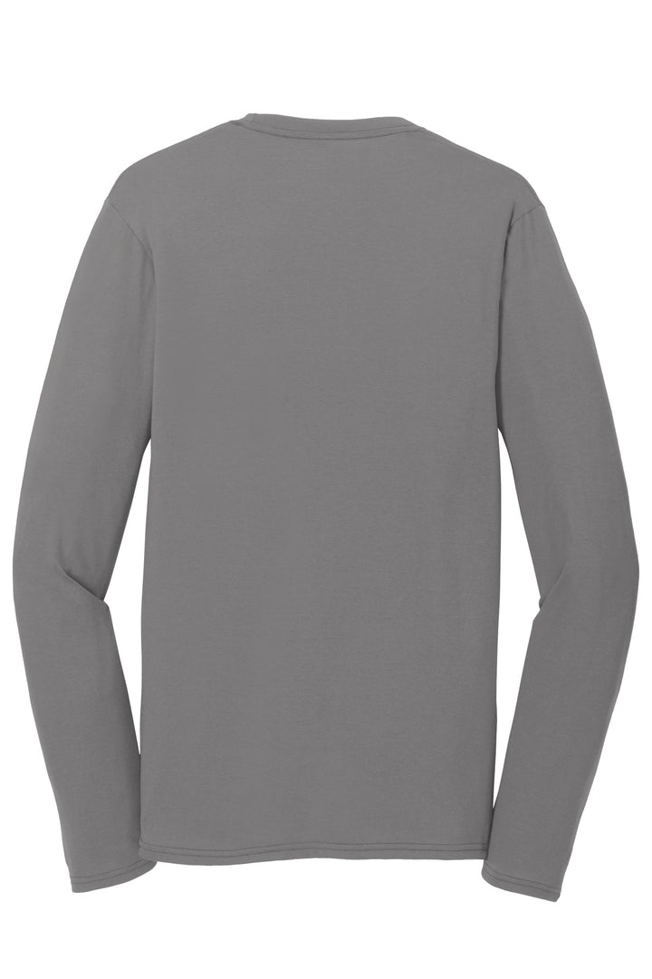 Rear View of Medium Grey Port & Company Long Sleeve Performance Blend Tee. PC381LS