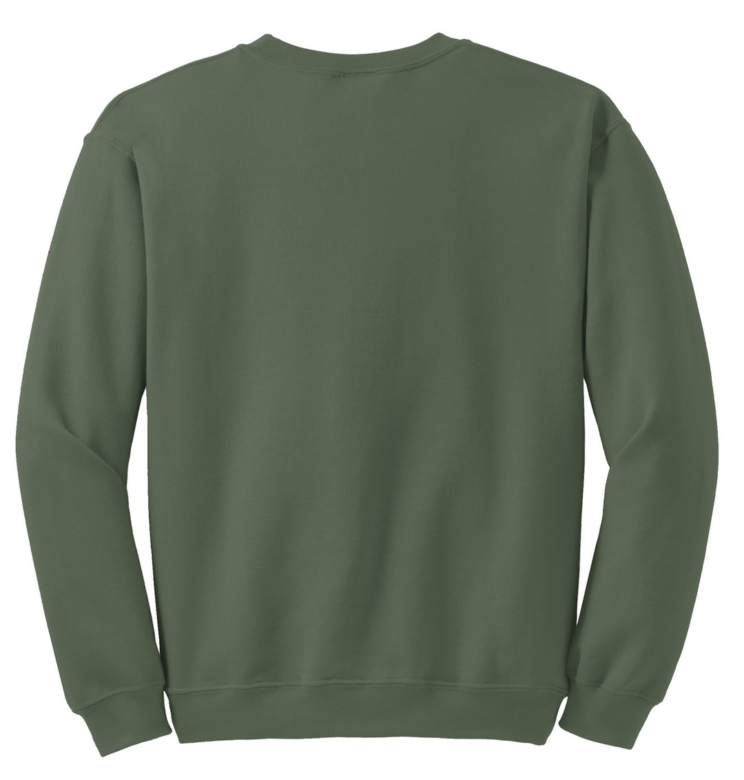 Rear View of Military Green Gildan Heavy Blend Crewneck Sweatshirt. 18000