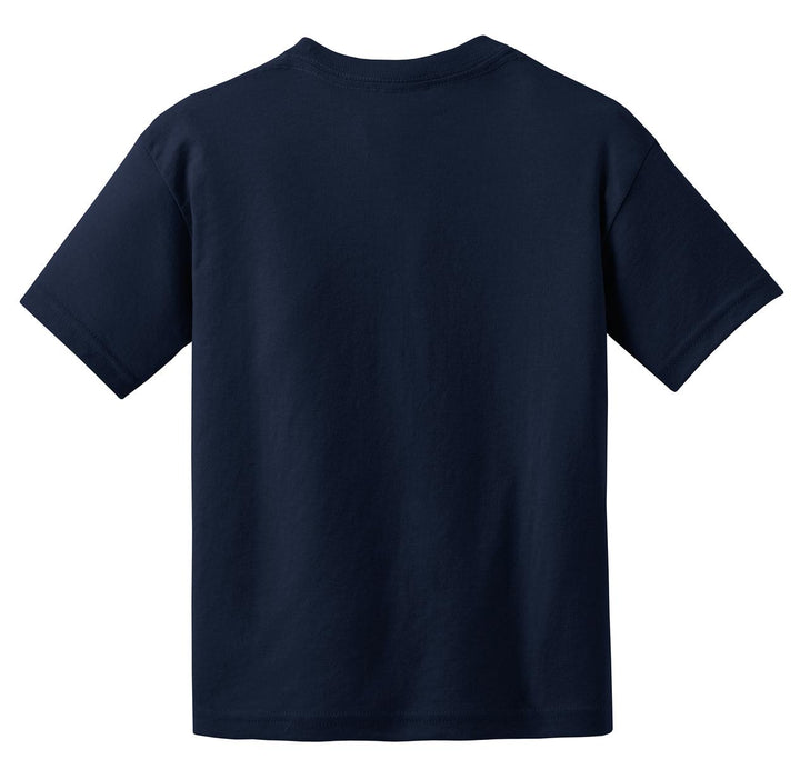 Rear View of Navy Gildan Youth DryBlend 50 Cotton/50 Poly T-Shirt. 8000B
