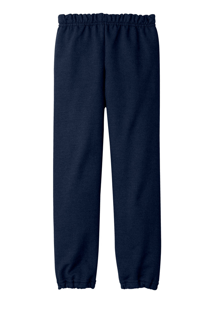 Rear View of Navy Gildan Youth Heavy Blend Sweatpant. 18200B