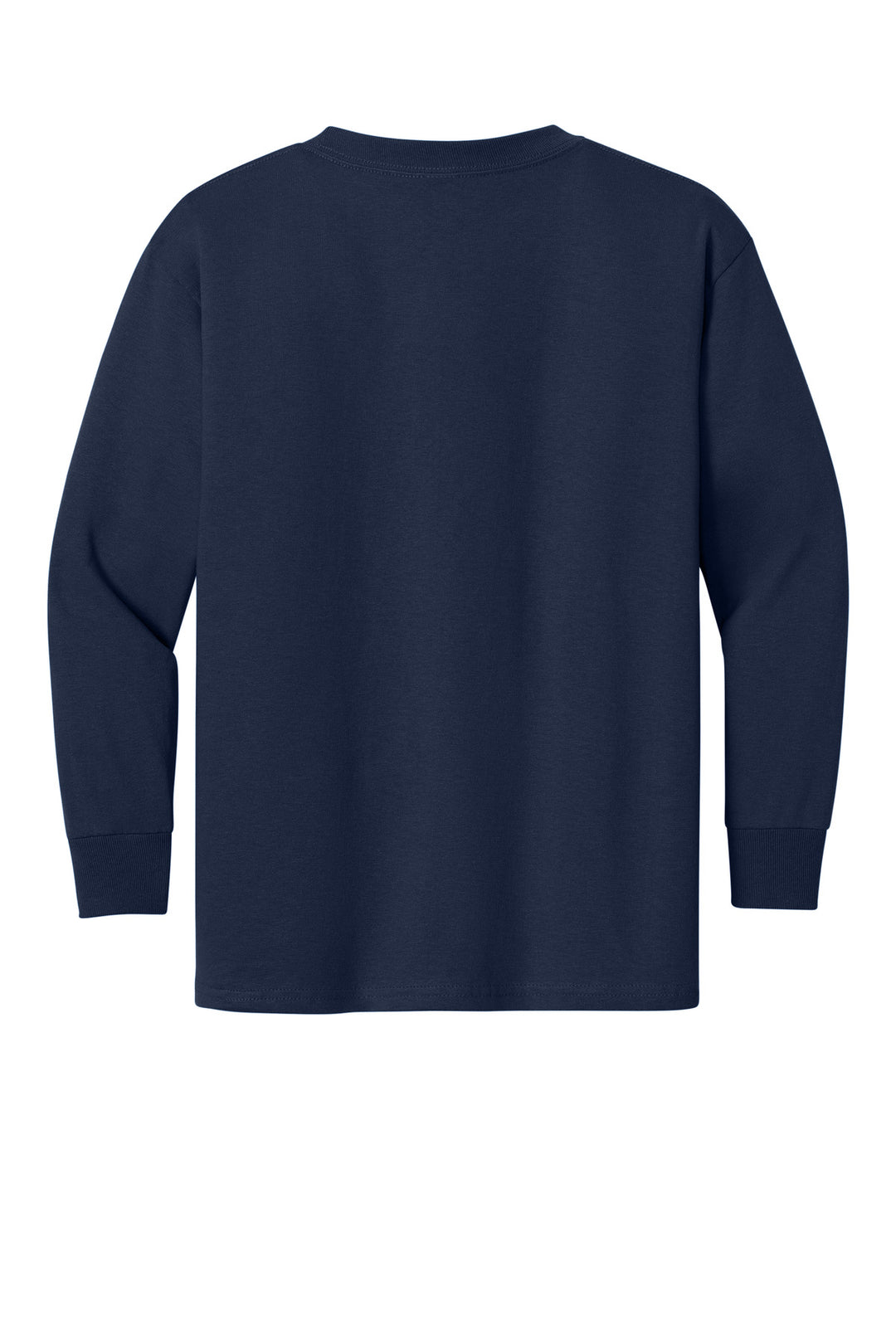 Rear View of Navy Gildan Youth Heavy Cotton 100% Cotton Long Sleeve T-Shirt. 5400B